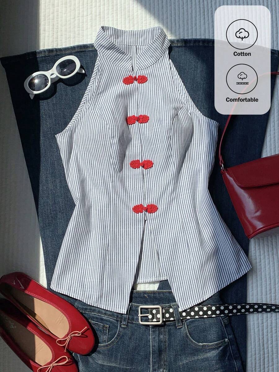 Top sin mangas con botones de estilo chino
