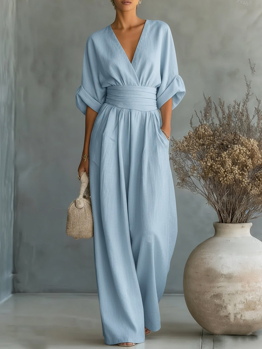 Mono elegante de escote en V y cintura alta