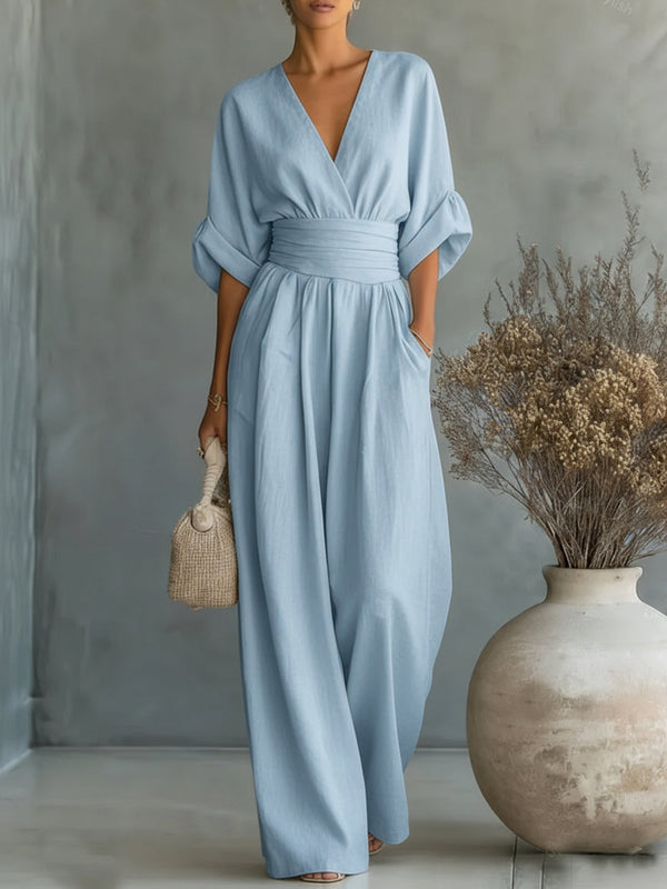 Mono elegante de escote en V y cintura alta