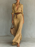 Vestido largo maxi casual para mujer con mangas largas, solapa y cinturón