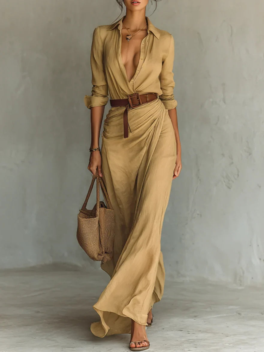 Vestido largo maxi casual para mujer con mangas largas, solapa y cinturón