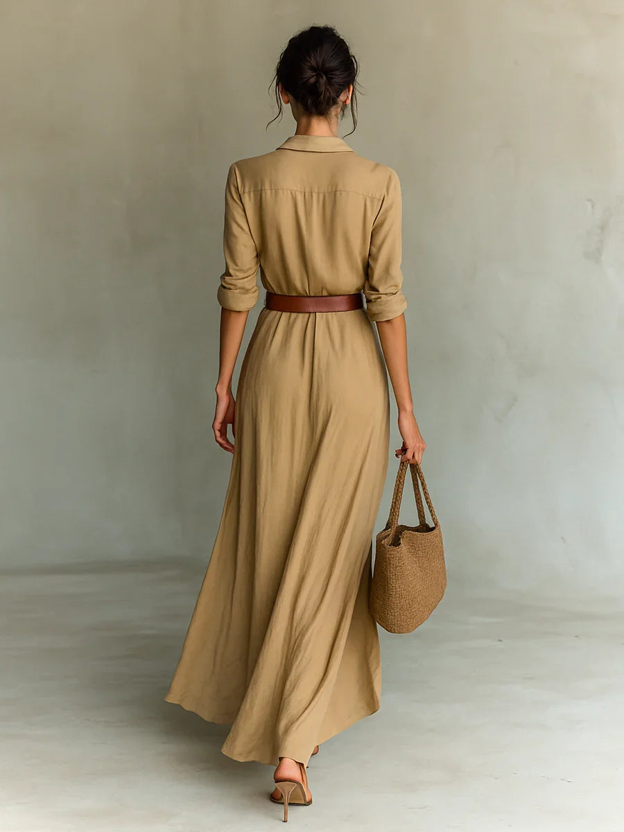 Vestido largo maxi casual para mujer con mangas largas, solapa y cinturón