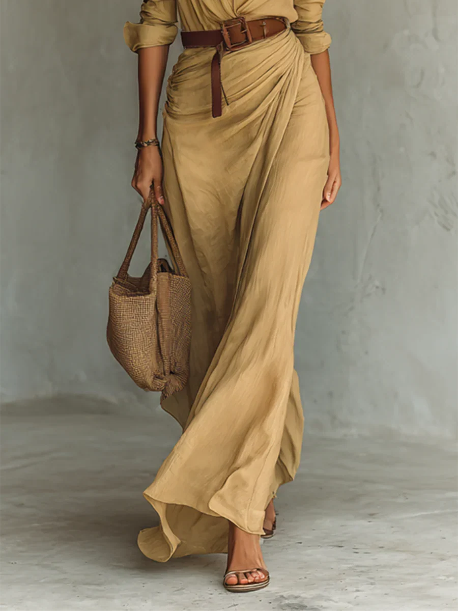 Vestido largo maxi casual para mujer con mangas largas, solapa y cinturón