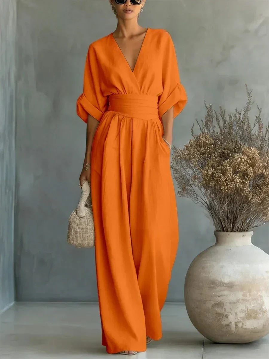 Mono elegante de escote en V y cintura alta