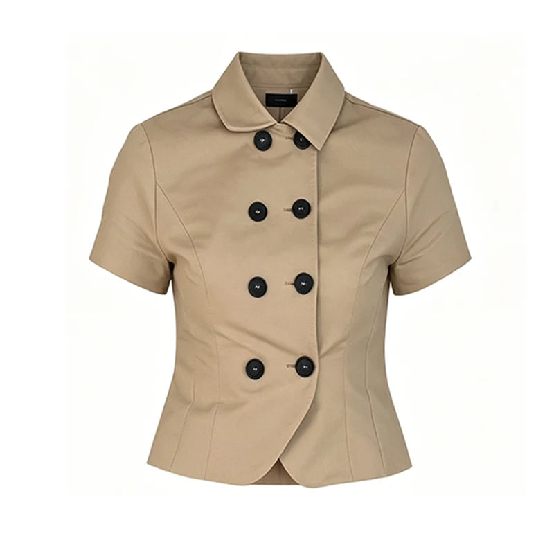 Top corto para mujer, camiseta ajustada informal con botones y cuello alto
