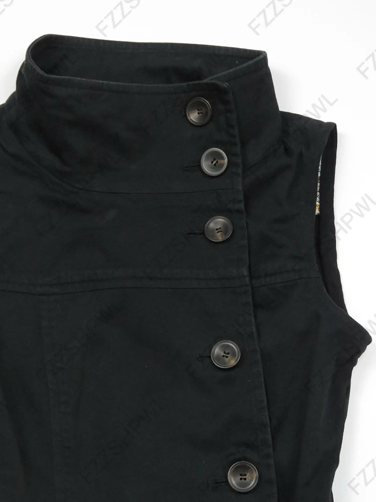 Top corto para mujer, camiseta ajustada informal con botones y cuello alto
