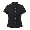 Top corto para mujer, camiseta ajustada informal con botones y cuello alto