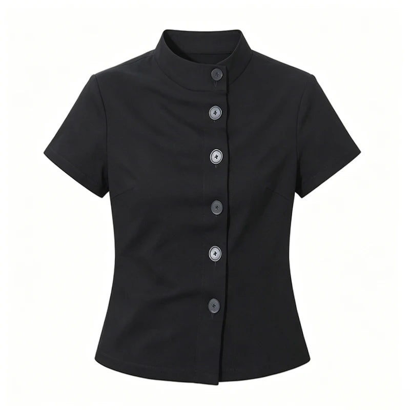 Top corto para mujer, camiseta ajustada informal con botones y cuello alto