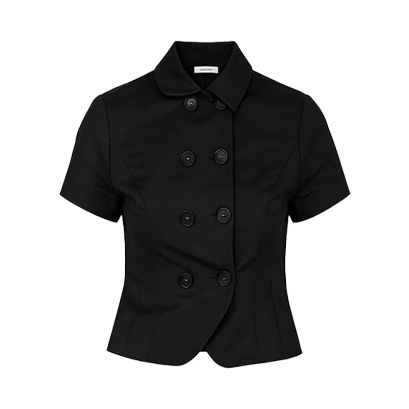 Top corto para mujer, camiseta ajustada informal con botones y cuello alto