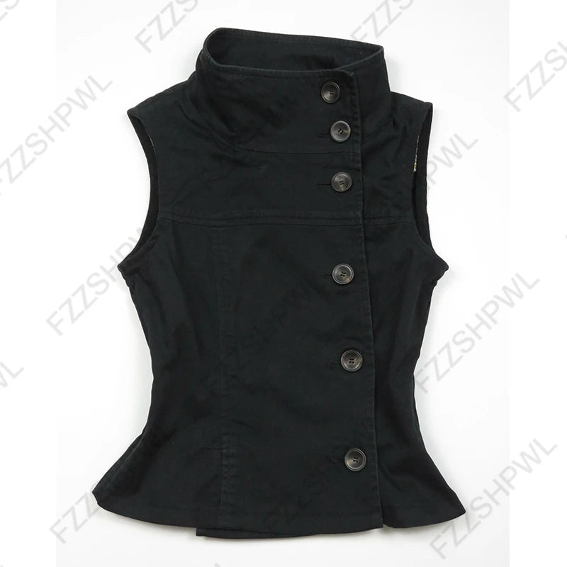 Top corto para mujer, camiseta ajustada informal con botones y cuello alto