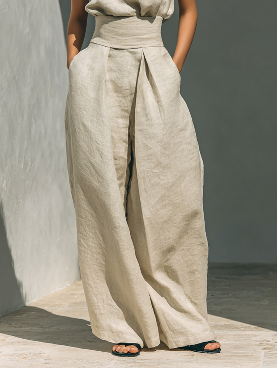 Conjunto Coordinado Beige Relax Sin Mangas de Pierna Ancha