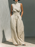 Conjunto Coordinado Beige Relax Sin Mangas de Pierna Ancha