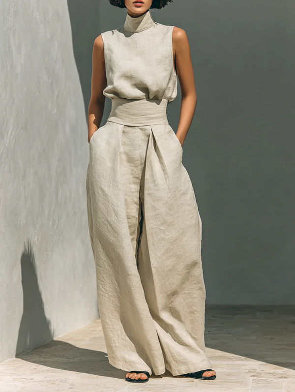 Conjunto Coordinado Beige Relax Sin Mangas de Pierna Ancha