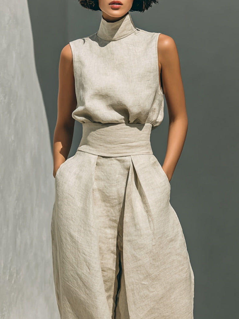Conjunto Coordinado Beige Relax Sin Mangas de Pierna Ancha