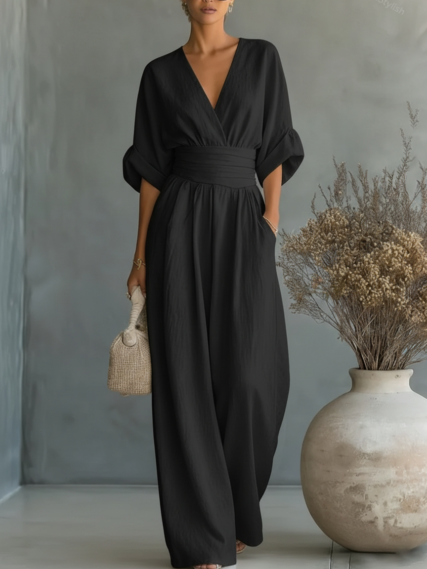 Mono elegante de escote en V y cintura alta