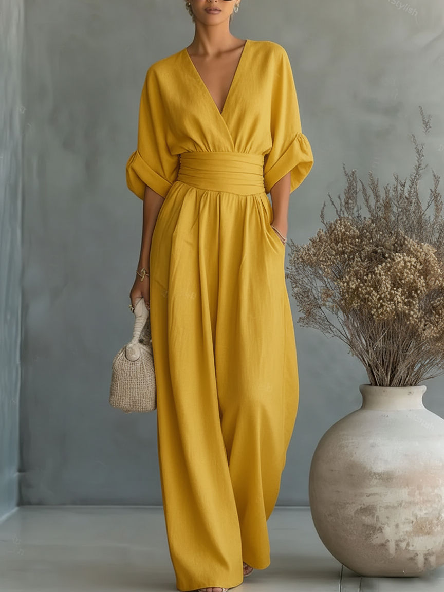 Mono elegante de escote en V y cintura alta