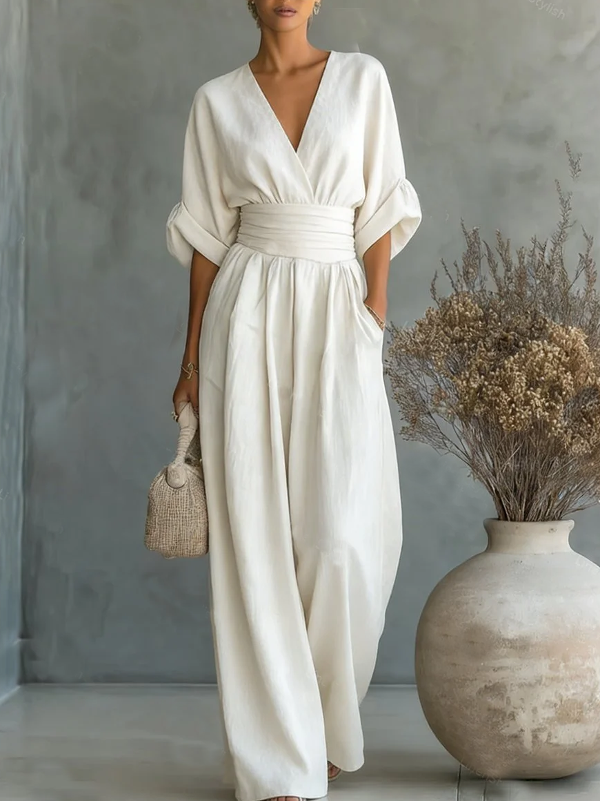 Mono elegante de escote en V y cintura alta