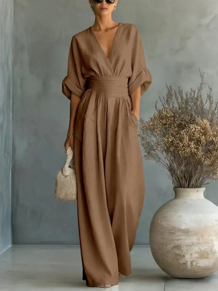 Mono elegante de escote en V y cintura alta