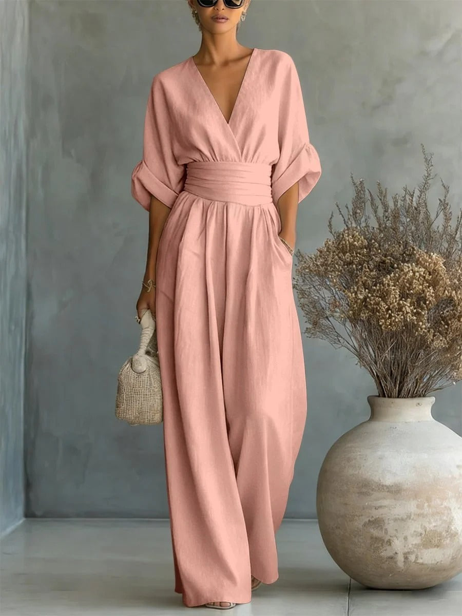Mono elegante de escote en V y cintura alta