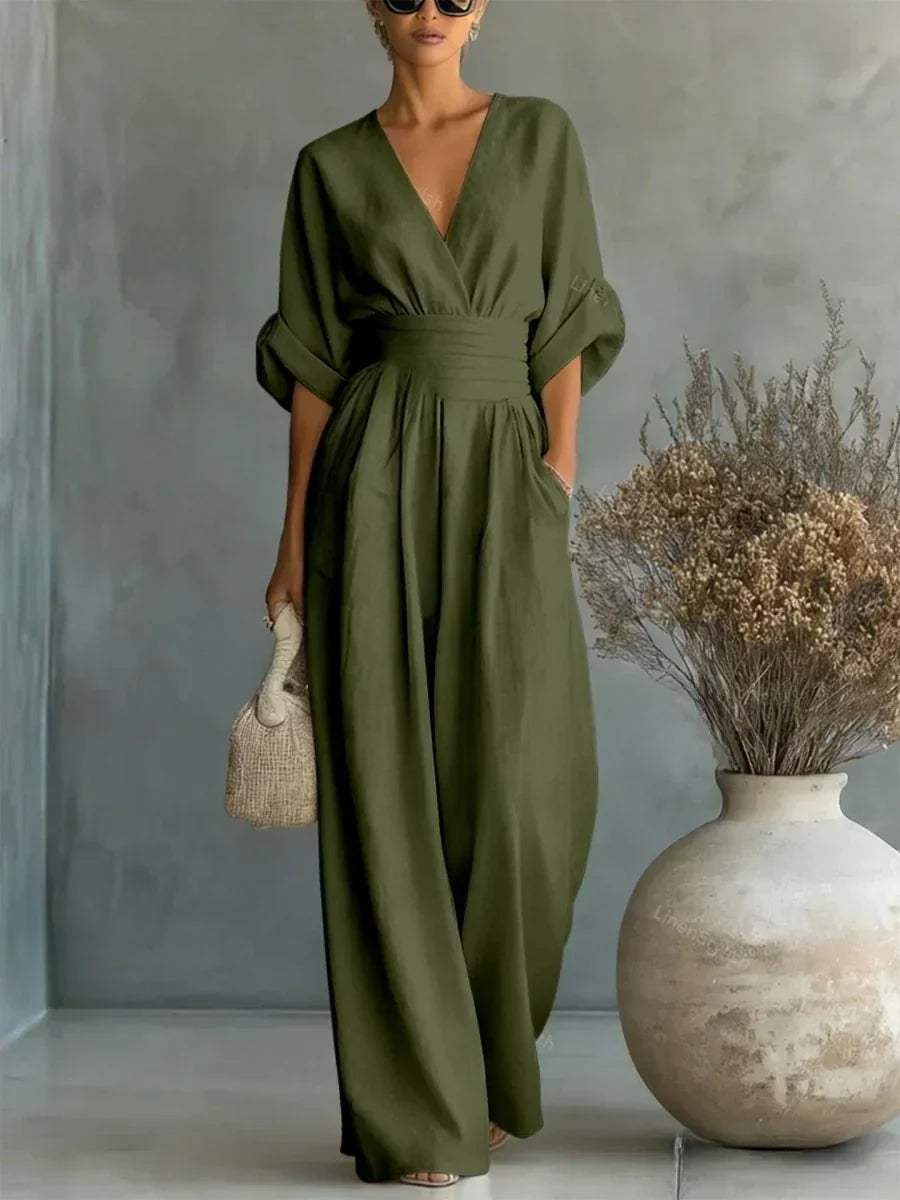 Mono elegante de escote en V y cintura alta